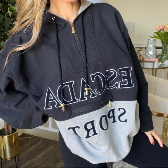Escada Tops - Escada Sport Vintage Bicolor Big Logo 1/4 Zip Hoodie Sweatshirt Activewear L